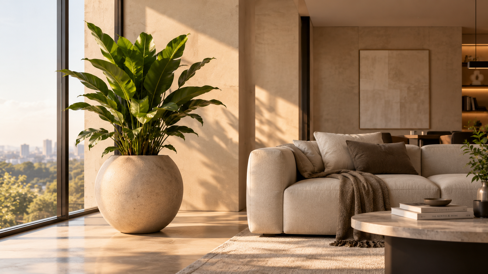 Tropical plant in a sculptural stone planter beside a sunlit window
