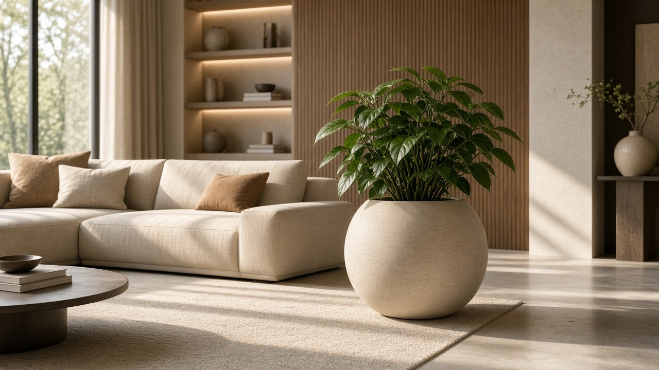 Living room styled with a planter and warm natural tones